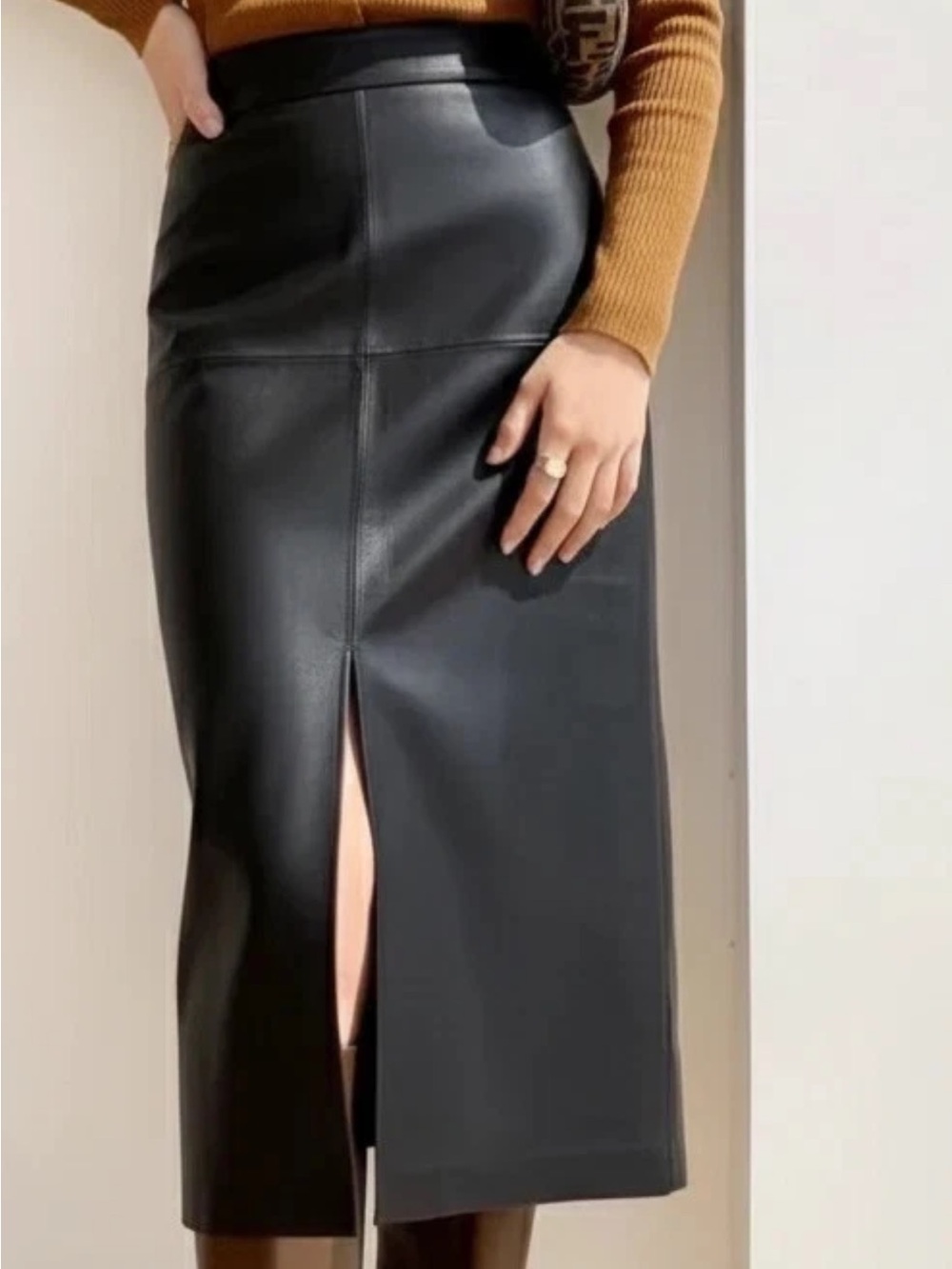Black Faux Leather Midi Pencil Skirt with Front Slit like size M